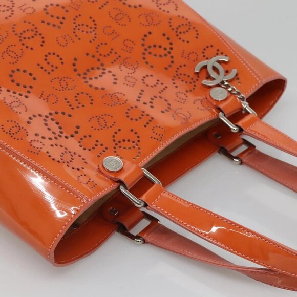 CHANEL Punching Tote Bag Enamel Orange Silver CC Auth - Picture 9 of 15